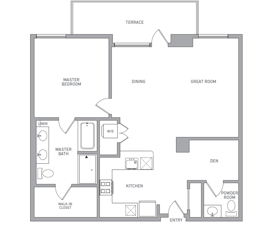 Floor plan for 1 bed, 1.5 baths, 1110 sqft